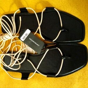Massimi Dutti Limited Edition Leather Sandals - Black with cream lace up strand